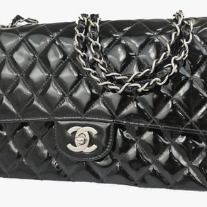 CHANEL CC Matelasse 25 Double Flap Chain Shoulder Bag Patent Leather black